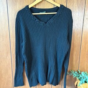 Eddie Bauer Black Cable Knit V Neck Ruffle Trim Sweater Plus Size‎ XXL